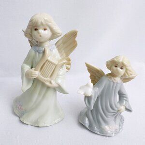 Russ Berrie Vintage Porcelain Singing Angel Figurines - Set of 2 - Harp and Dove